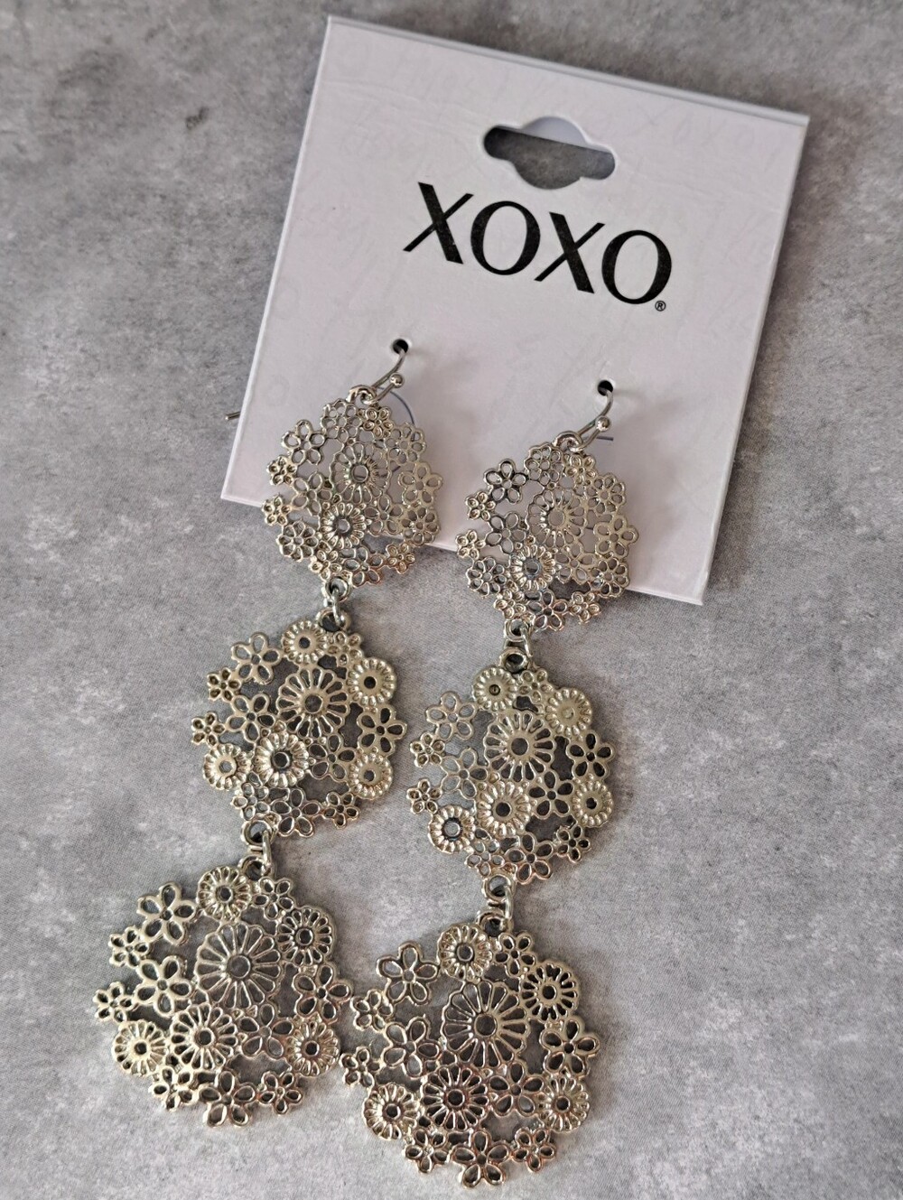XOXO Silvertone Floral Filigree Chandelier Earrings